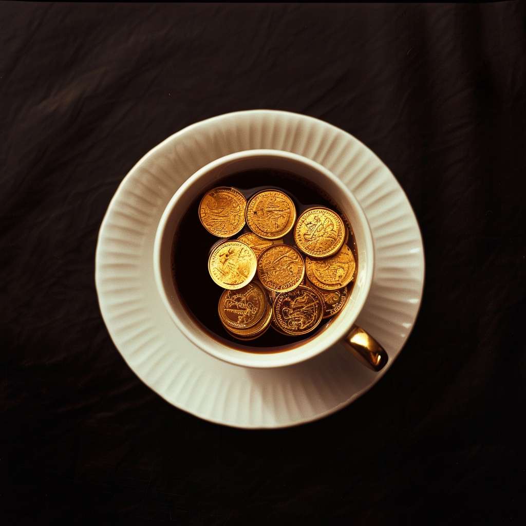 filiżanka kawy ze złotymi monetami
